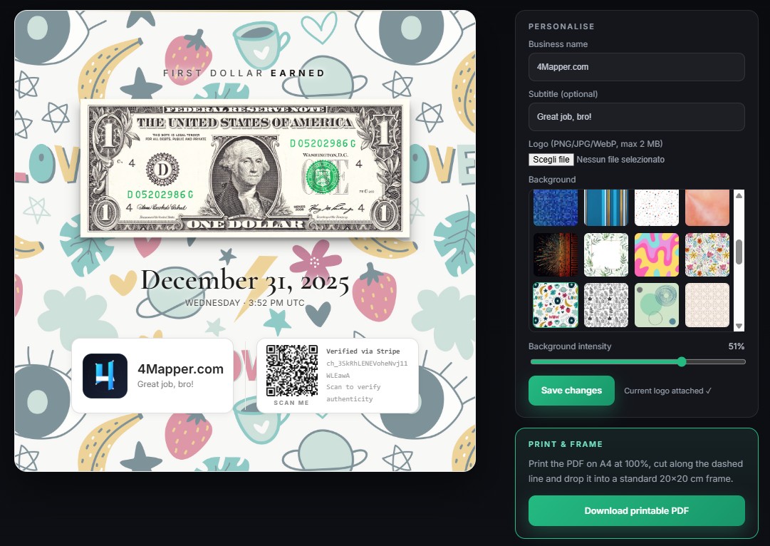 The PRO customizer: business name, subtitle, logo, background gallery and intensity slider with live preview